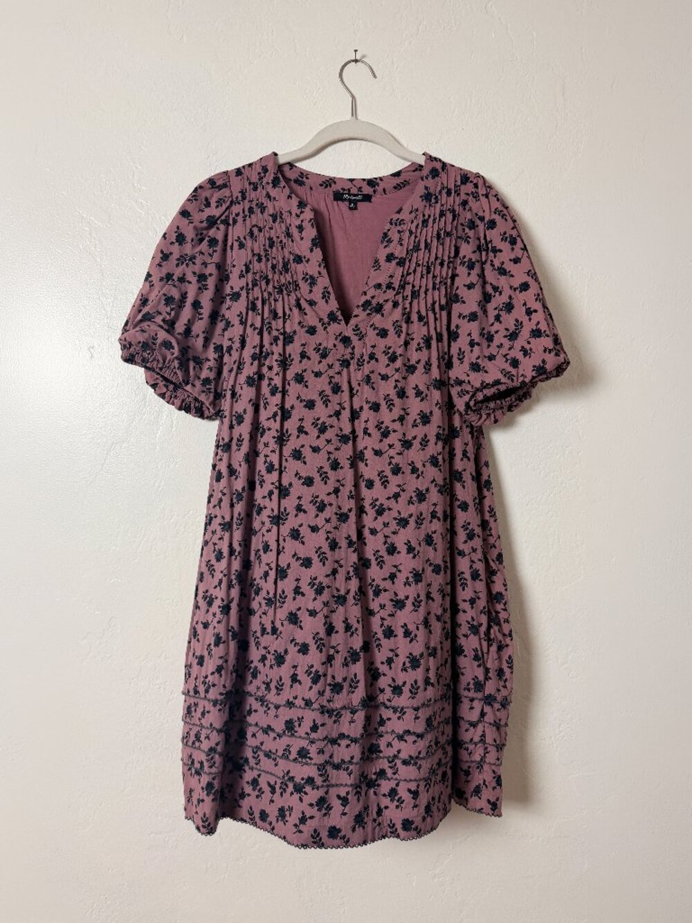Madewell Mauve Floral Puff Sleeve Mini Dress Size M